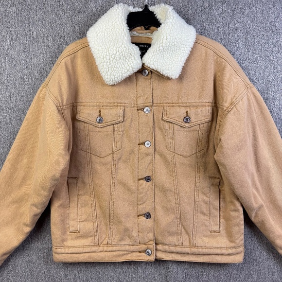 Forever 21 Tan Denim Jeans Sherpa Lined Button Up Trucker Jacket Women's Size S - Picture 3 of 7